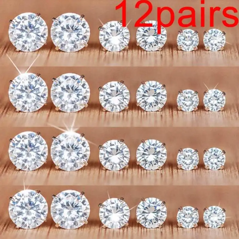 

12 pairs / sets of 2019 new ladies crystal stud earrings stainless steel round six-claw crystal zircon stud earrings set