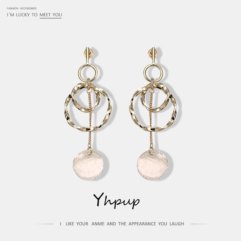 

Yhpup Trendy Korean Round Geometric Copper Dangle Earrings Long Chain Natural Shell S925 Silver Gold Earrings for Women Party