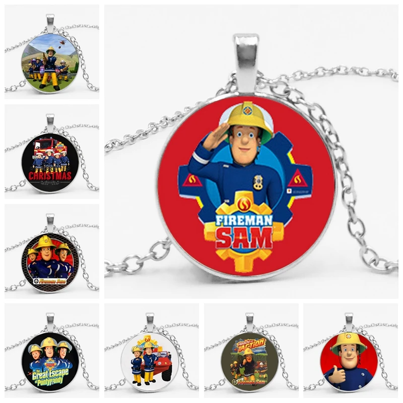 

2018 FIREMAN SAM Handmade Pendant Necklace Holder Men and Women Jewelry Glass Cabochon Necklace Worker Commemorative Gift