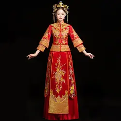 Невесты Cheongsam Винтаж китайский стиль свадебное платье ретро тост Костюмы Леди Вышивка Феникс брак Qipao красная одежда