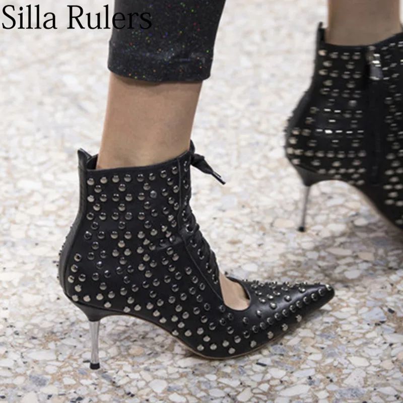 Женские ботинки на тонком металлическом каблуке Silla liners летние шелковые шнурках