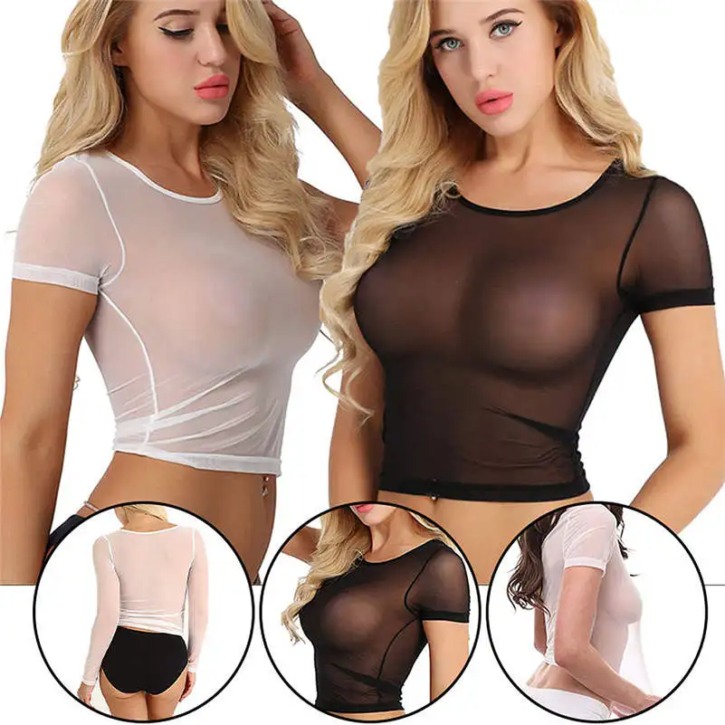 

Women Sexy Mesh Perspective Crop Tops T-shirt Navel Top Vest Blouse Long Sleeve