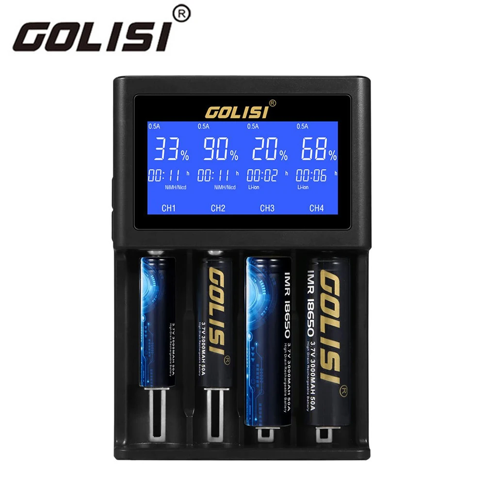 

Golisi S4 2.0A LCD Battery Charger for Li-ion Ni-MH Ni-Cd Ni-md 26650 18650 20700 21700 AA AAA Rechargeable Batteries