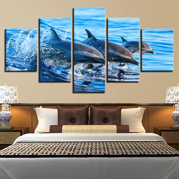 

Frame Living Room Art Pictures HD Printed Painting 5 Panel Animal Dolphins Ocean Jumping Modern Wall Home Decoration Posters