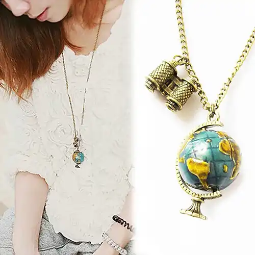 Jewelries Set Miniature,Retro Style Necklace Antique Bronze Charm Earth Necklace Bronze Planet Earrings Earth Earth Dangling Earrings
