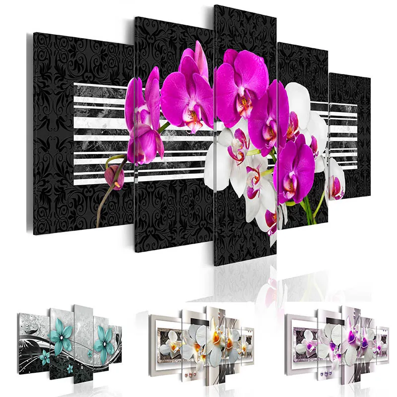 

Modern Painting Canvas 5 Panels Beautiful Purple and White Orchid Wall Art Floral Decoration Picture Living Room Home Decor