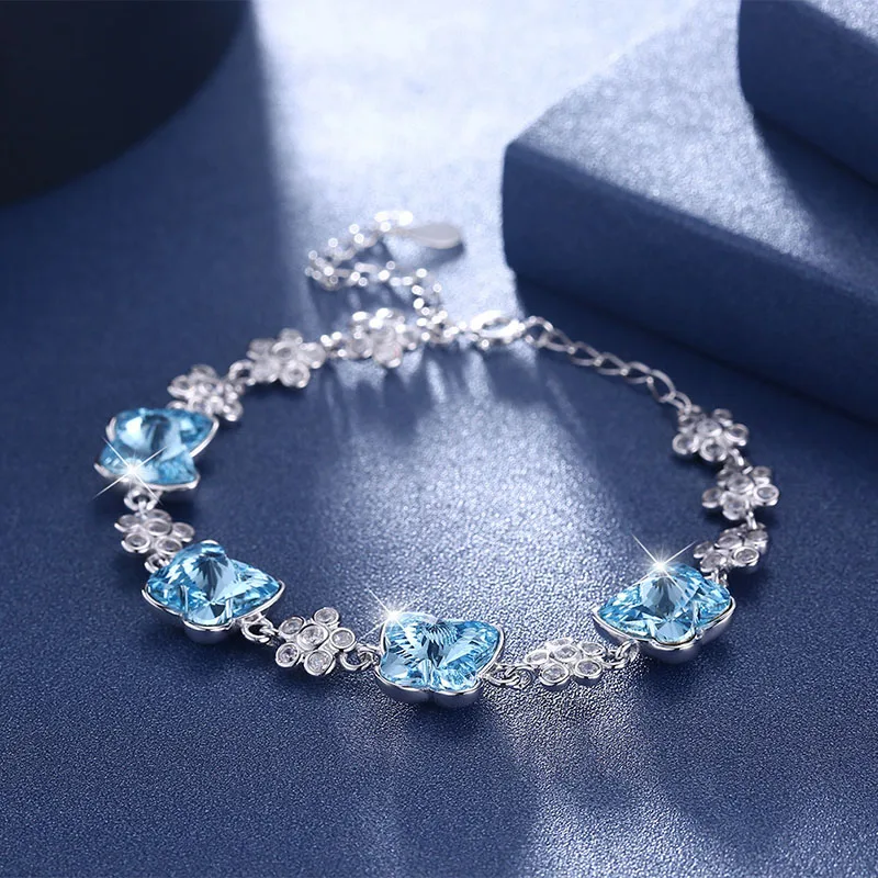 Качество оригинальных кристаллов от Swarovski браслет изысканный бабочка цветок 925 пробы Серебряный для женщин женские украшения - Цвет камня: Blue