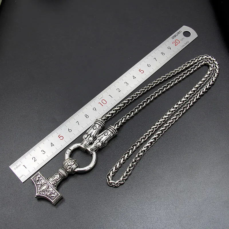 Men Double Wolf Head Viking Necklace Pendant Antique Silver Plated High Quality Chain Necklace Hammer Talisman Ethnic Jewelry Men Double Wolf Head Viking Necklace Pendant Antique Silver Plated High Quality Chain Necklace Hammer Talisman Ethnic Jewelry