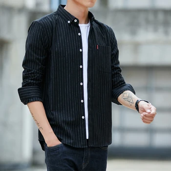 

2019 autumn men's casual Korean version of the new youth striped long-sleeved shirt Chinese Style Cotton Black