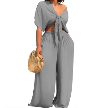 

Sexy Solid Lace-Up Deep V Neck Crop Top Two-Piece Set Female Short Sleeve Elastic Waist Women Suits