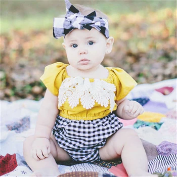 

Summer 2018 Baby Kid Girls Grid Lace Splicing Fly Sleeve Tassel Plaid Jumpsuit Outfit Romper 0-24M