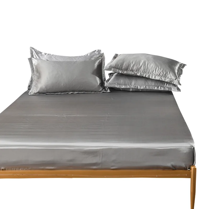  Satin Silk Fitted Sheet On Elastic Band Solid Color Mattress Cover Bed Sheets 8 Size Drap Housse de