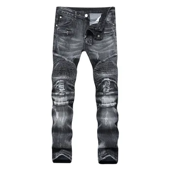 

2019 men's casual fold black and gray in the waist jeans fashion stitching straight tube repair motorcycle broken jeans trousers