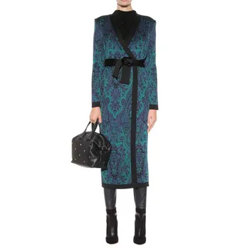 

wholesale New Woolen coat Blue Jacquard Long sleeve Belt decoration fashion cocktail party bandage Woolen coat (H2266)