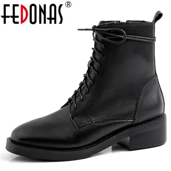 

FEDONAS 2020 Autumn Winter New Genuine Leather Women Ankle Boots Lace Up High Heels Basic Short Boots Office Rome Shoes Woman