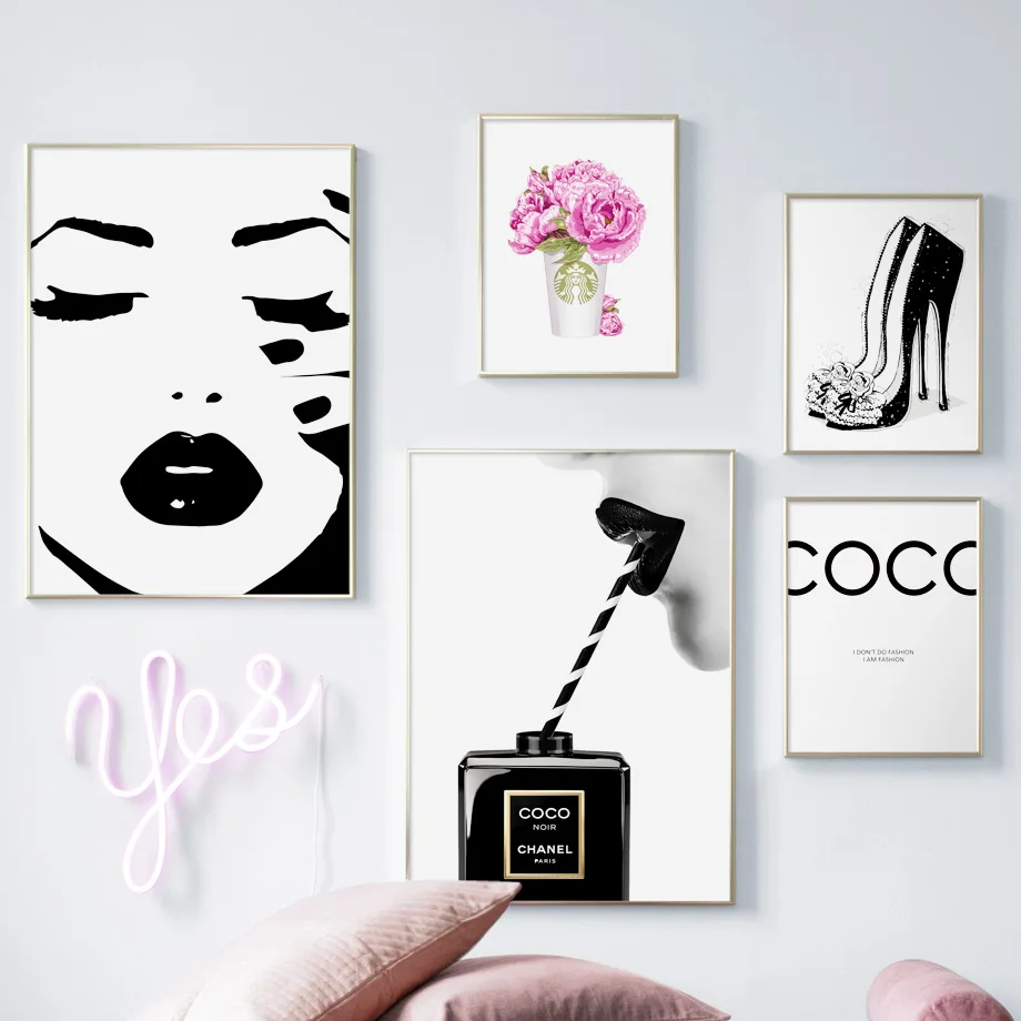 

Fashion Women Perfume Lips High heels Girl Wall Art Canvas Painting Nordic Posters And Prints Wall Picture For Living Room Decor