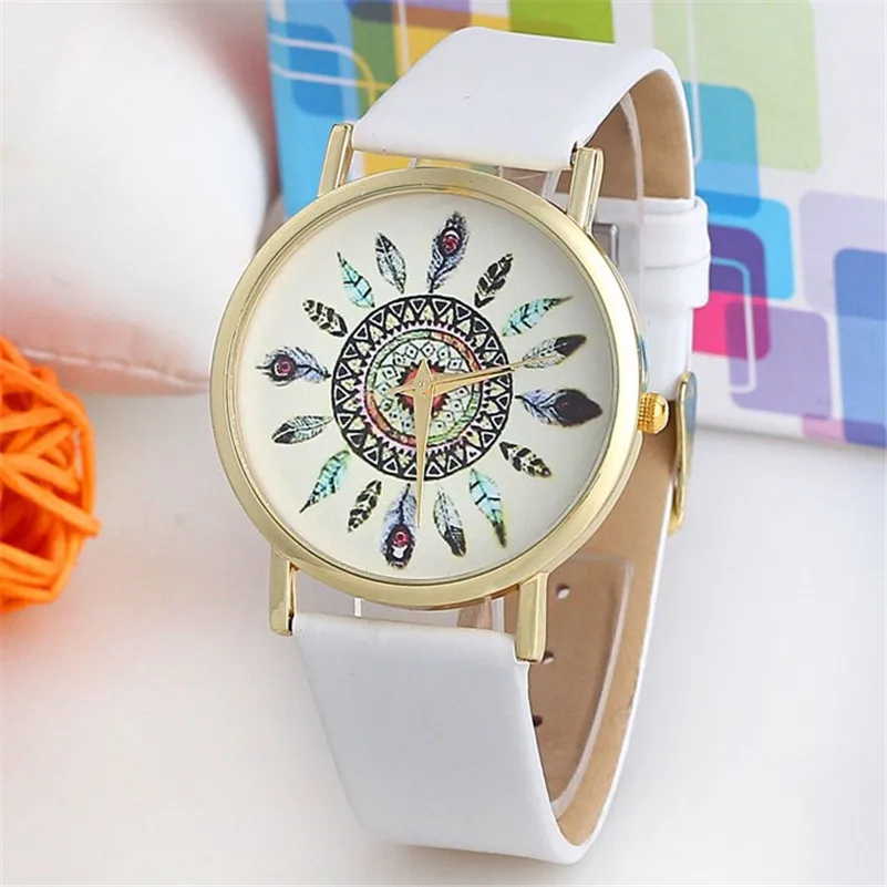 Vintage Feather Dial Leather Band Quartz Analog Unique Wrist Watches Men Wholesale #2AP17B (11)