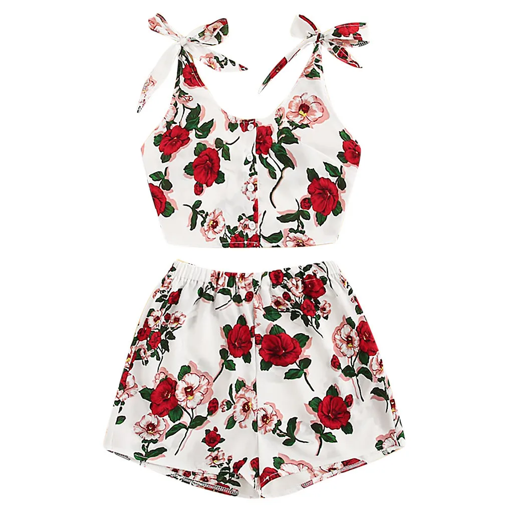 

JAYCOSIN Women Set Clothes Sexy Floral Print Knot Two Piece Set Sling Vest Top Short Pants Summer Casual Fashion Matching Sets