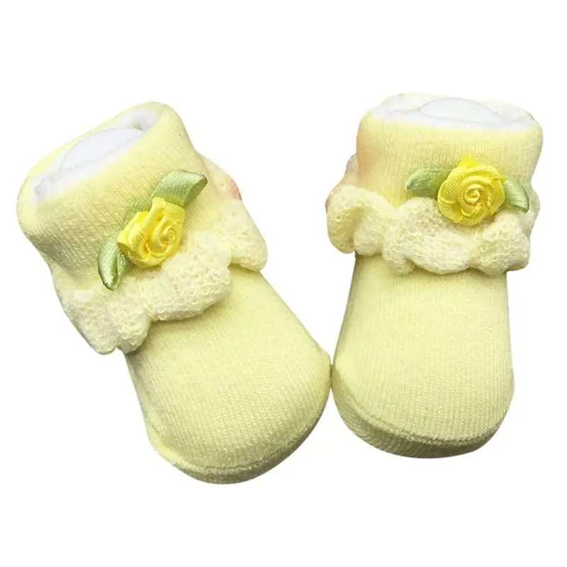 Нескользящие носки для малышей; теплые зимние носки для альпинизма для малышей; однотонные мягкие Плотные хлопковые носки для новорожденных - Цвет: Yellow with Floral