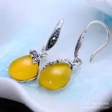 Thai Silver 925 Silver retro Thai Silver Marcasite inlaid yellow chalcedony earrings female models shipping гвоздики set of thai silver square 925