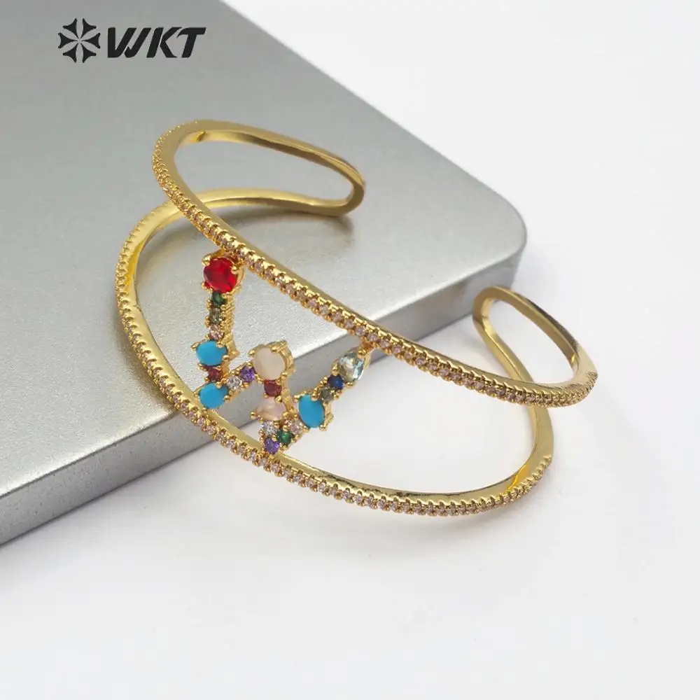 

WT-B470 CZ Pave Bangle Multi Color Alphabet Bangle Jewelry 1-26 Letters Can Be Available Birthday Gift For Her Adjustable Bangle
