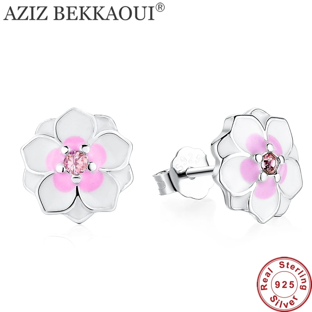 

AZIZ BEKKAOUI European Real 925 Sterling Silver Blooming Dahlia Stud Earrings For Women White Pink Flower Earring Valentine's