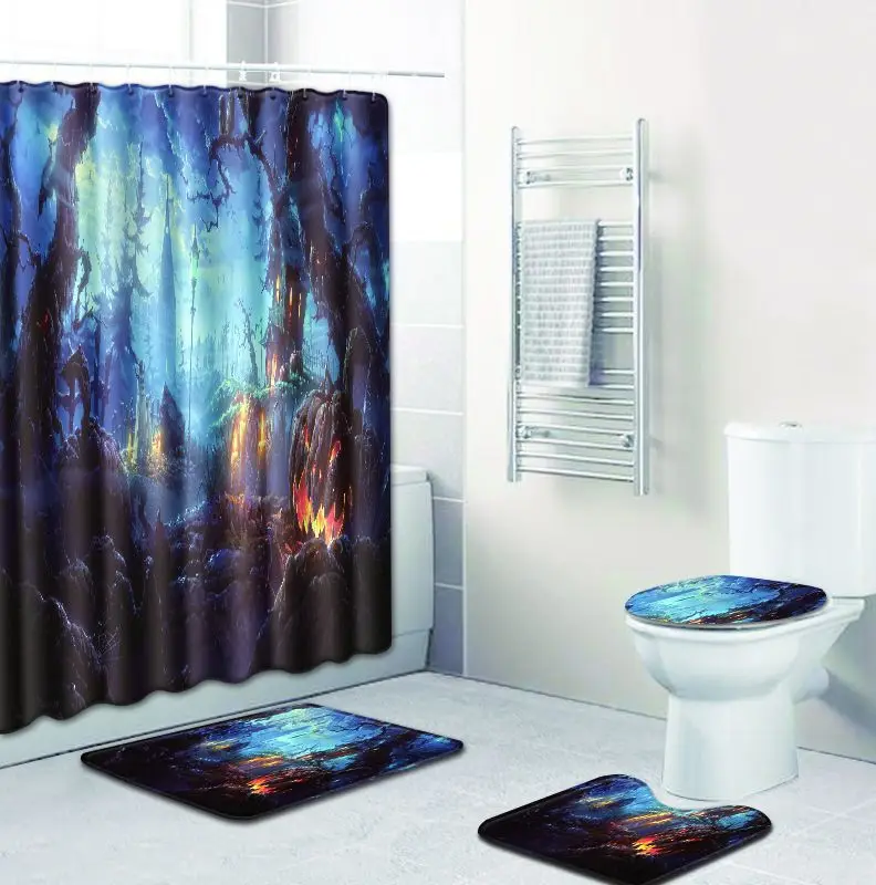 

The Halloween 4pcs/set Toilet Mat Accessories Non-slip Bath Mat and Shower Curtain Set with Hooks for Home Decor Foot Pads Rugs