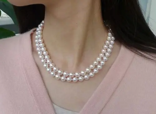 

Free Shipping >>>>>double strands 8-9mm Akoya white round pearl necklace18"19"14K gold clasp
