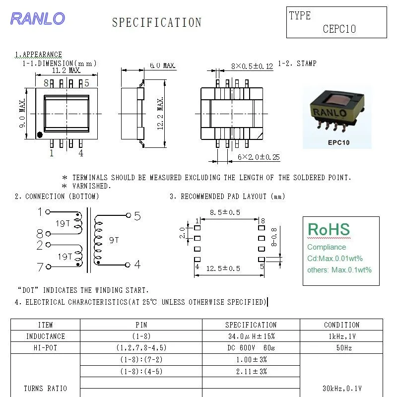 RANLO EPC10 15V трансформатор для поверхностного монтажа DC В трансформатор|transformer