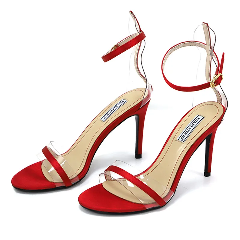 

9cm heel women sandals red black women slik shoes thin heel buckle sapato feminino fashion weeding shoes