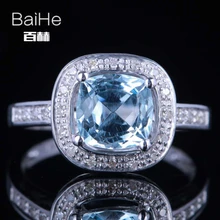 BAIHE Solid 14K White Gold(AU585)1.9CT Certified Genuine Sky Blue Topaz/Flawless Cushion Wedding Women Trendy Fine Jewelry Ring
