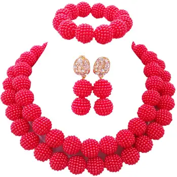 

Red African Wedding Beads Simulated Pearl Necklace Jewelry Set Nigerian Beads Wedding Party Jewelry Sets 2ZQQ08