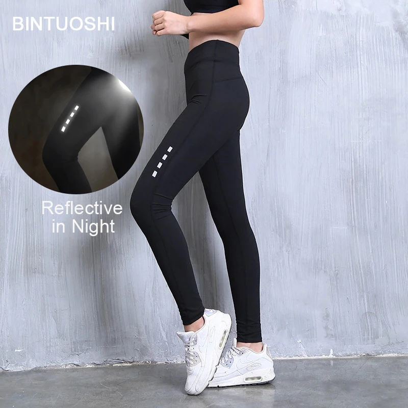 

BINTUOSHI Reflective Yoga Pants Women High Waist Sport Leggings Quick Dry Fitness Running Tights Gym Training Leggings Women