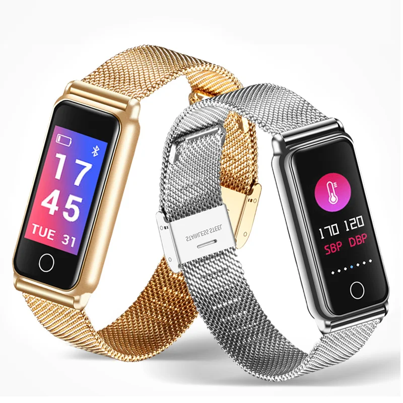 Luxury Top Band Smart Gold Steel Mesh Strap Watches Clock Bracelet Bluetooth Sport LED Touch Smart Watch  Heart Rate Monitoring