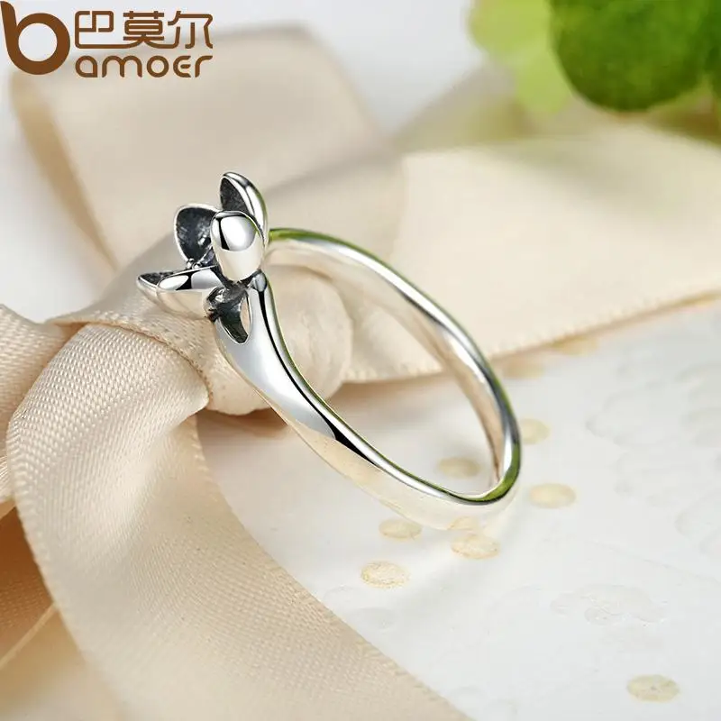 BAMOER New Collection Authentic Mystic Floral Flower Stackable Ring CZ & Black Enamel 925 Sterling Silver Jewelry PA7154