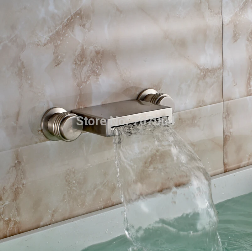 Wall Mounted Widespread Waterfall Bathroom Basin Sink Mixer Faucet Brushed Nickle Finished