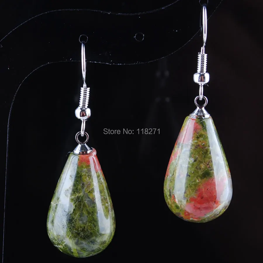 

WOJIAER Free Shipping Natural Unakite Jaspers Gem Stone Teardrop Beads Dangle Earrings Pair For Women Jewelry PR3161