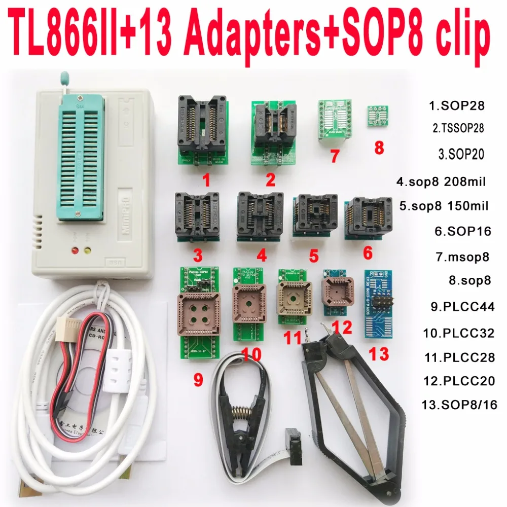 TL866a Programmer 13 Adapters IC CLIP High Speed TL866 PLCC AVR PIC Bios 51 MCU Flash