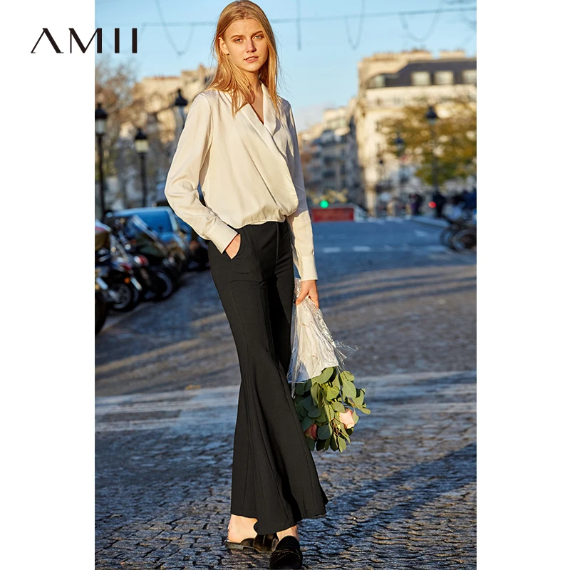 

Amii Women Elegant Flare Pants Long 2019 Spring New Causal Chiffon Soft Empire Solid Female Ankle Length Pants