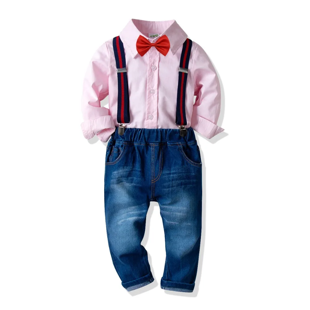 Baby Boy Clothing Sets 2019 Gentleman Clothes Cotton Pink Shirt+Elastic Jeans 2PCS Outfits Bebes Suits 12 Months to 8 Years Old | Детская