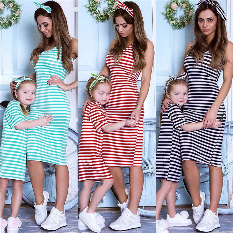 

2018 Brand New Family Mom daughter 2018 Baby Girls Boho Striped Dress Outfits Summer Autumn Family Matching Clothes