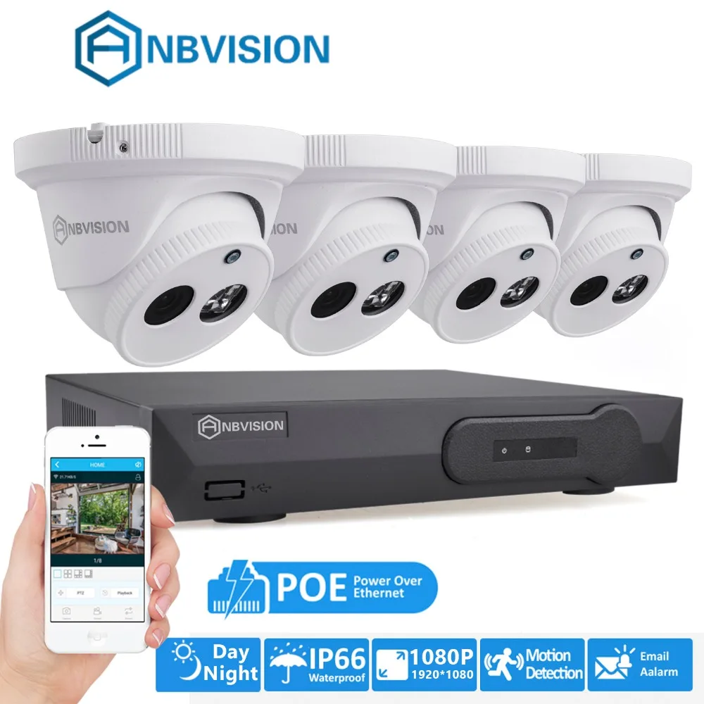 

Anbvision 4pcs 2MP 1080P ARRAY LED CCTV DOME IP Camera 4CH Network POE NVR Free 20m CABLE PC/ IOS Android Mobile Access