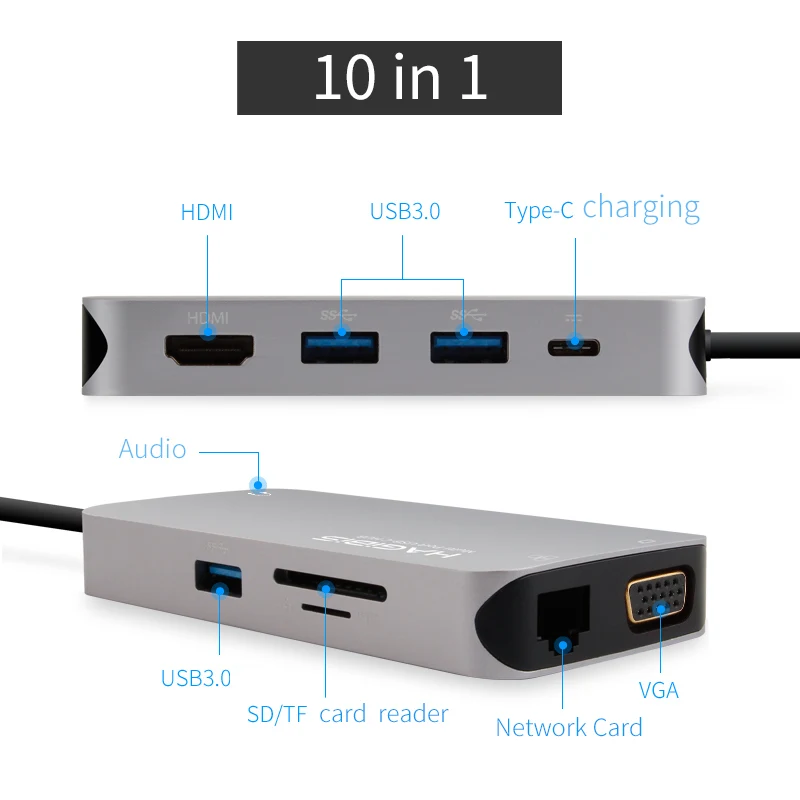 Hagibis 9 в 1 взаимный обмен данными между компьютером и периферийными устройствами с Тип-C концентратор 3,0 USB-C к HDMI 4K SD/TF Card Reader PD зарядки Gigabit Ethernet адаптер для MacBook Pro концентратора - Цвет: 10 in 1
