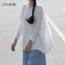 USWMIE летняя футболка для женщин простой Джокер o-образным вырезом сплошной цвет с длинным рукавом асимметричный подол свободный комфортный дышащий топ из тонкой ткани