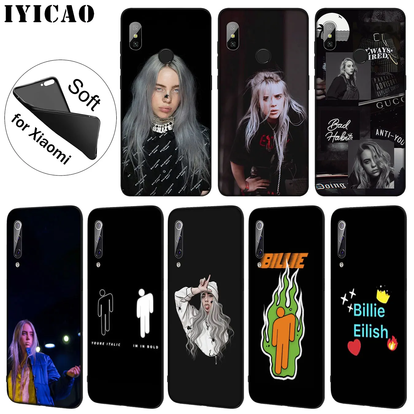

IYICAO Billie eilish Soft Silicone Phone Case for Xiaomi Mi 9 8 A2 Lite A1 6 6X pocophone f1 MAX 3 mi9 mi8 mia2 TPU Cover