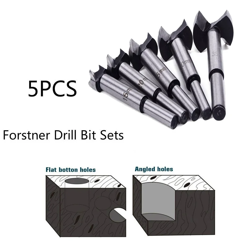 5pcs Forstner Bit Carbon High Speed Steel Woodworking Hole Saw Set Auger Opener Drilling Wood Plastic Plywood with Round Shank-1