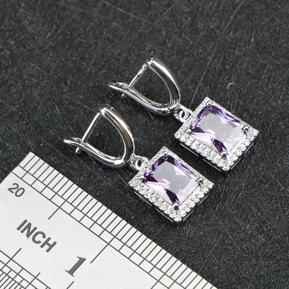 Женские серебряные Ювелирные наборы 925, AAA+ фиолетовые камни, белое CZ ожерелье, серьги, кольцо, костюм с браслетами, наборы, Ювелирная коробка