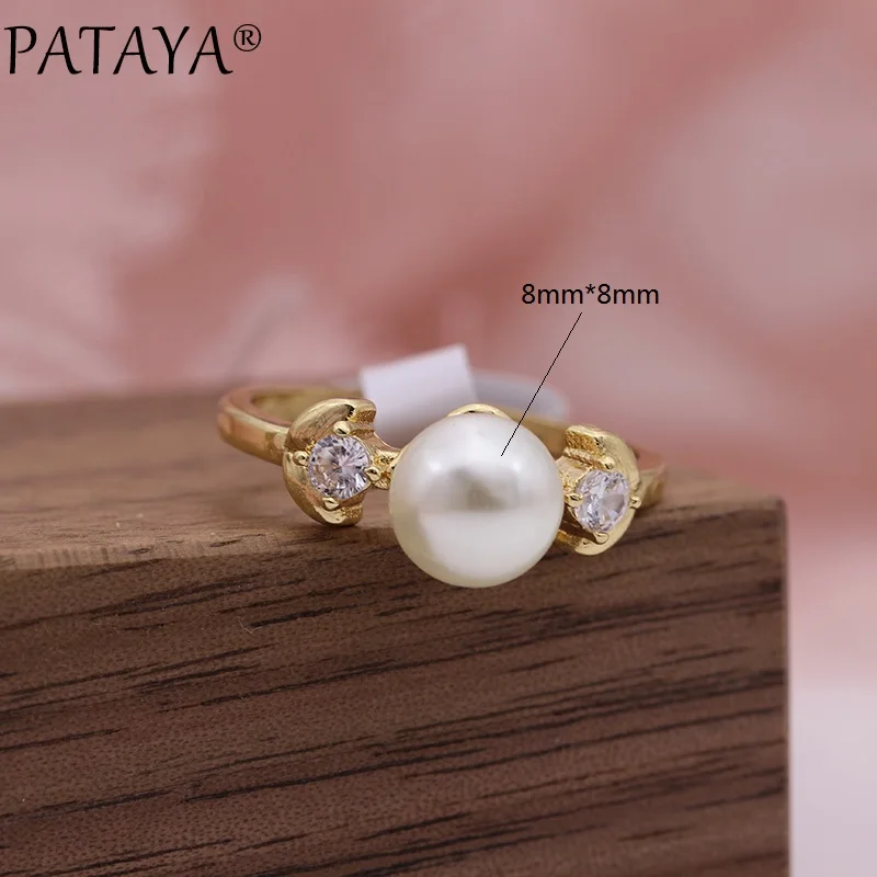 PATAYA New Champagne Gold Imitation Pearls Round Natural Zircon Rings Women Wedding Party Jewelry Leaf shape Girls Cute Ring