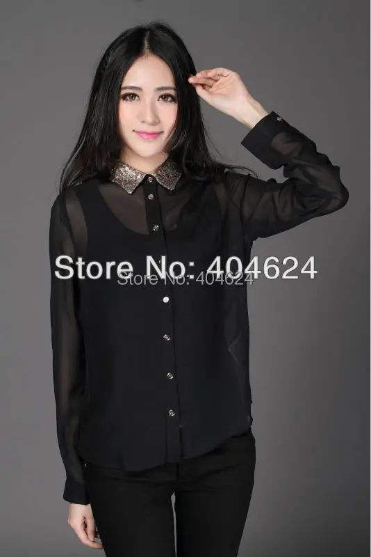 

FreeShipping Elegant Perspective Long sleeve Turndown Collar Chiffon Blouse Vintage Button Black Shirt Classic Blouse Women Tops
