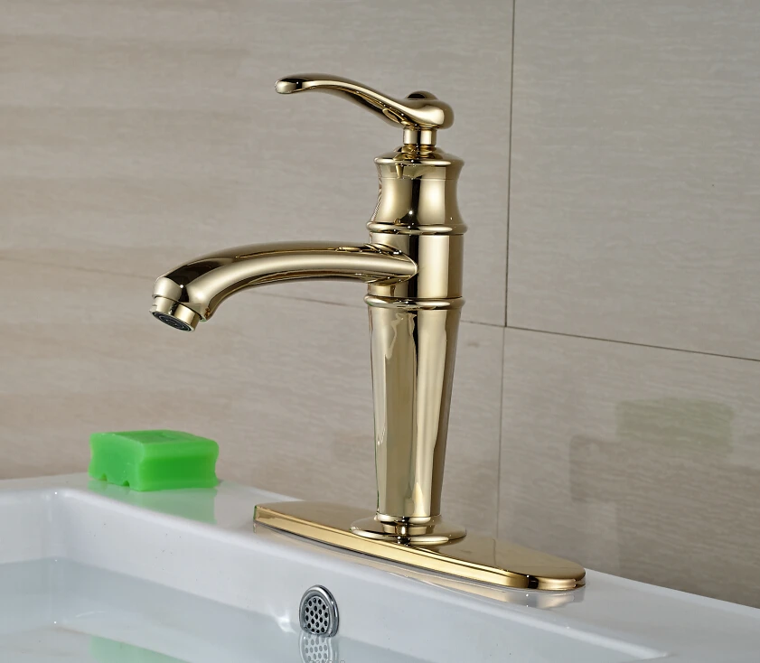 

Free Shipping ! Bathroom Basin Faucet Deck Mounted Golden Finished Mixer Tap With Base Plate